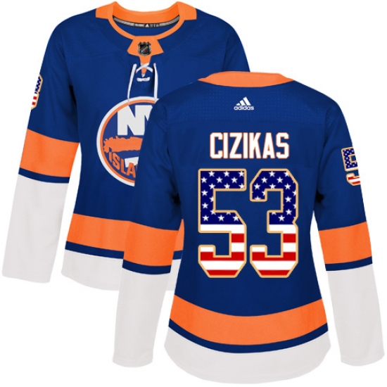Women's Adidas New York Islanders 53 Casey Cizikas Authentic Royal Blue USA Flag Fashion NHL Jersey