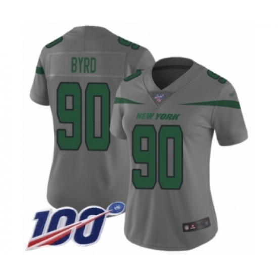 Women's New York Jets 90 Dennis Byrd Limited Gray Inverted Legend 100th Season Football Jersey