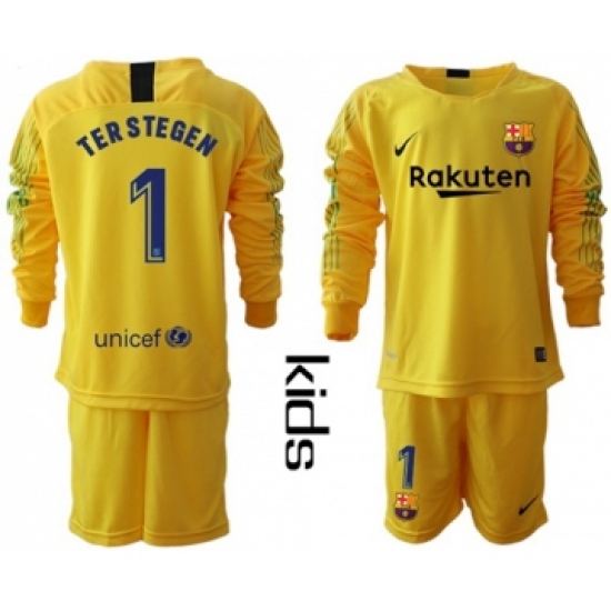 Barcelona 1 Ter Stegen Yellow Goalkeeper Long Sleeves Kid Soccer Club Jersey