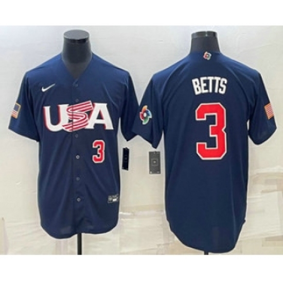 Men's USA Baseball 3 Mookie Betts Number 2023 Navy World Baseball Classic Stitched Jerseys