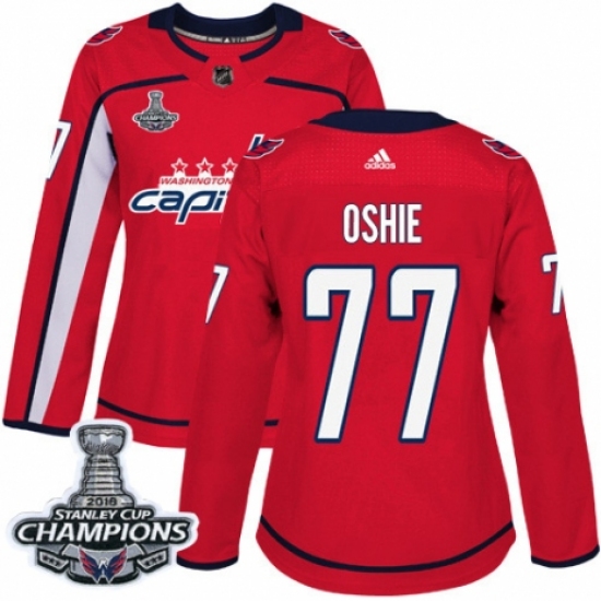 Women's Adidas Washington Capitals 77 T.J. Oshie Authentic Red Home 2018 Stanley Cup Final Champions NHL Jersey
