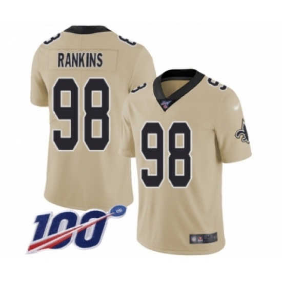 Men's New Orleans Saints 98 Sheldon Rankins Limited Gold Inverted Legend 100th Season Football Jersey