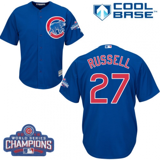 Youth Majestic Chicago Cubs 27 Addison Russell Authentic Royal Blue Alternate 2016 World Series Champions Cool Base MLB Jersey