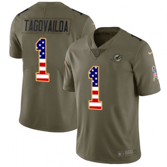 Men's Miami Dolphins 1 Tua Tagovailoa Olive USA Flag Stitched Limited 2017 Salute To Service Jersey