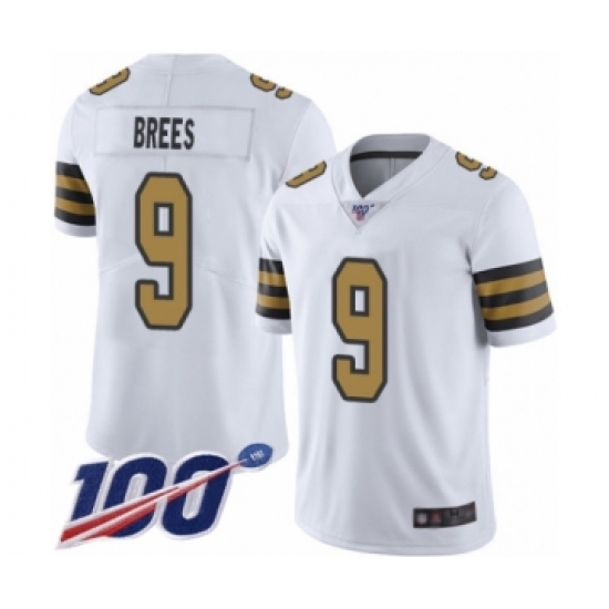 Men's New Orleans Saints 9 Drew Brees Limited White Rush Vapor Untouchable 100th Season Football Jersey