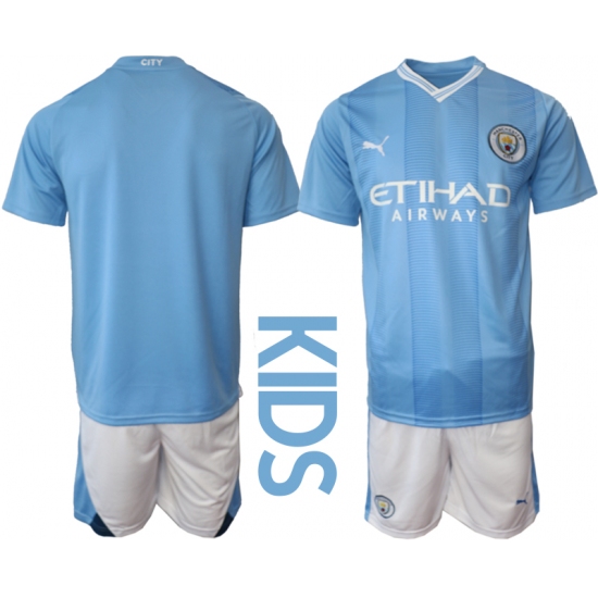 Kids Manchester City Blank 2023-24 Blue Home Soccer Jersey