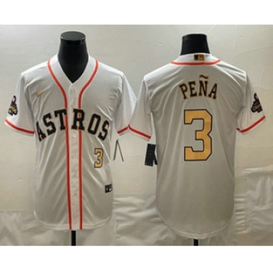 Men's Houston Astros 3 Jeremy Pena 2023 White Gold World Serise Champions Cool Base Stitched Jersey1