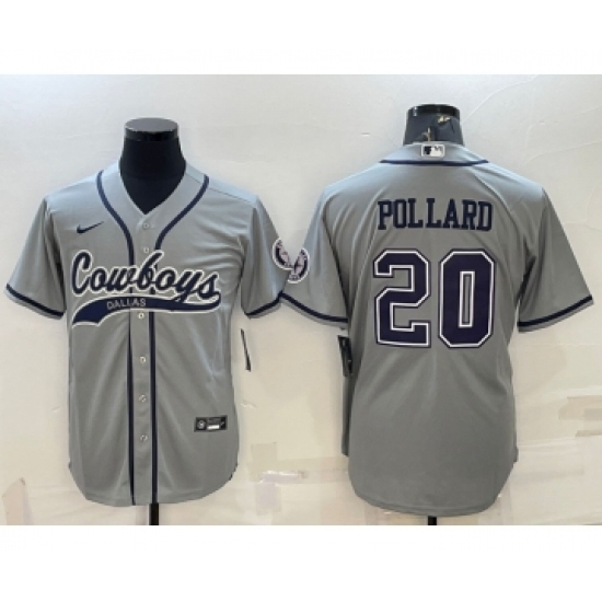 Men's Dallas Cowboys 20 Tony Pollard Grey With Patch Cool Base Stitched Baseball Jersey