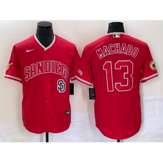 Men's San Diego Padres 13 Manny Machado Red NEW 2023 Cool Base Stitched Jersey