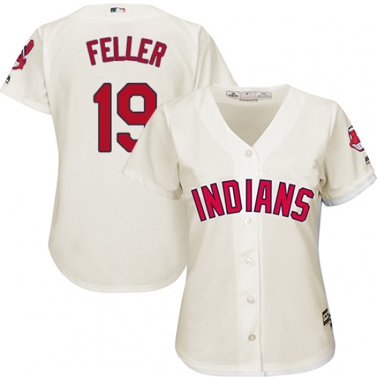 Women's Majestic Cleveland Indians 19 Bob Feller Authentic Cream Alternate 2 Cool Base MLB Jersey
