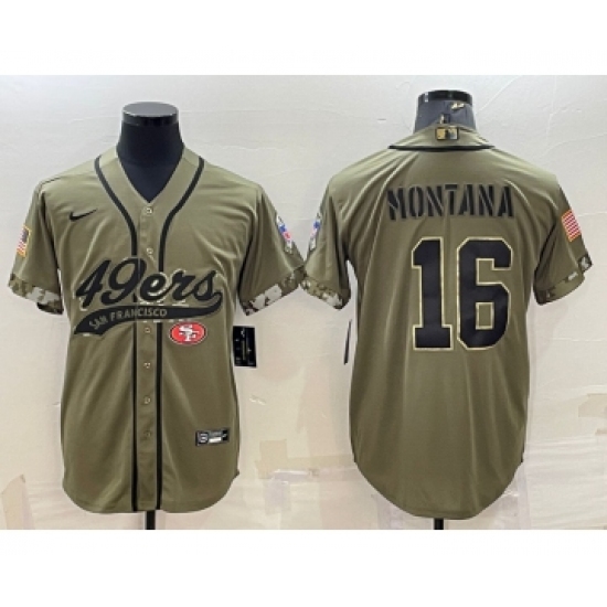 Men's San Francisco 49ers 16 Joe Montana 2022 Olive Salute to Service Cool Base Stitched Baseball Jersey