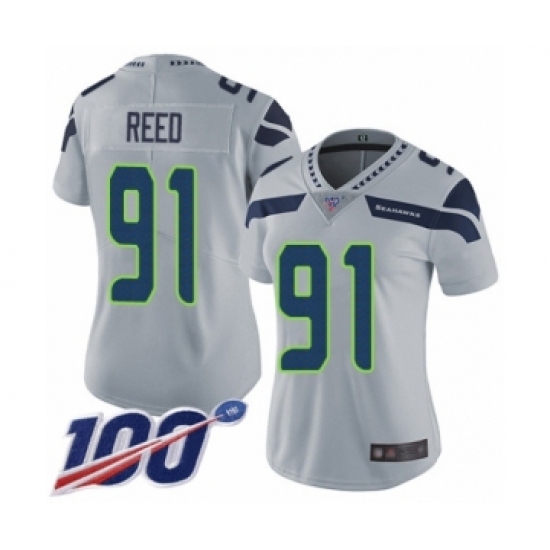 Women's Seattle Seahawks 91 Jarran Reed Grey Alternate Vapor Untouchable Limited Player 100th Season Football Jersey
