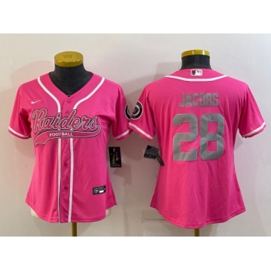 Women's Las Vegas Raiders 28 Josh Jacobs Pink With Patch Cool Base Stitched Baseball Jersey