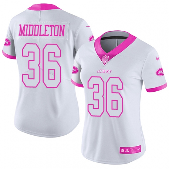 Women Nike New York Jets 36 Doug Middleton Limited White Pink Rush Fashion NFL Jersey