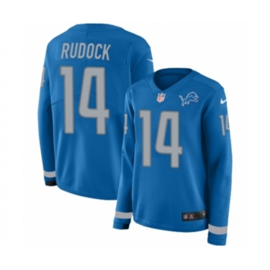 Women's Nike Detroit Lions 14 Jake Rudock Limited Blue Therma Long Sleeve NFL Jersey