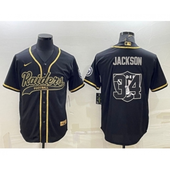 Men's Las Vegas Raiders 34 Bo Jackson Black Gold Team Big Logo With Patch Cool Base Stitched Baseball Jersey