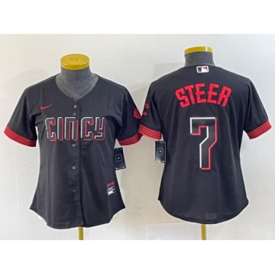 Women's Nike Cincinnati Reds 7 Spencer Steer Black 2023 City Connect Cool Base Stitched Baseball Jersey