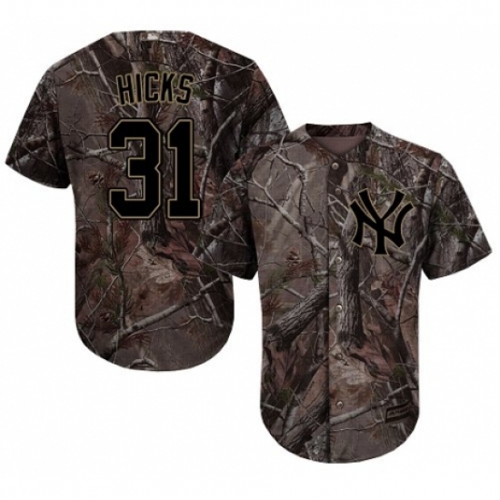 Youth Majestic New York Yankees 31 Aaron Hicks Authentic Camo Realtree Collection Flex Base MLB Jersey