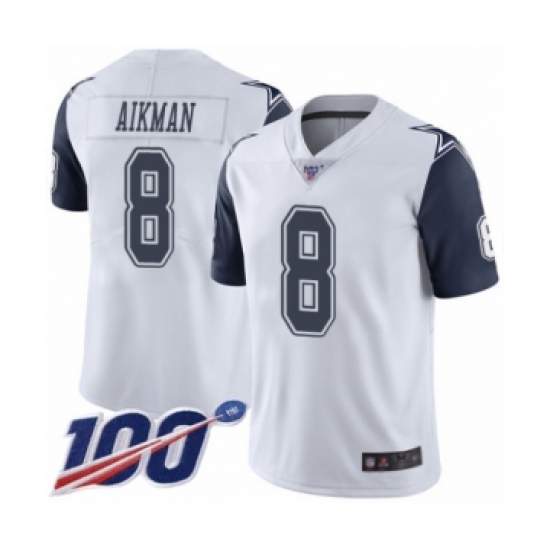 Men's Dallas Cowboys 8 Troy Aikman Limited White Rush Vapor Untouchable 100th Season Football Jersey