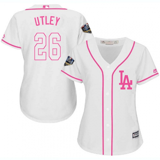 Women's Majestic Los Angeles Dodgers 26 Chase Utley Authentic White Fashion Cool Base 2018 World Series MLB Jersey