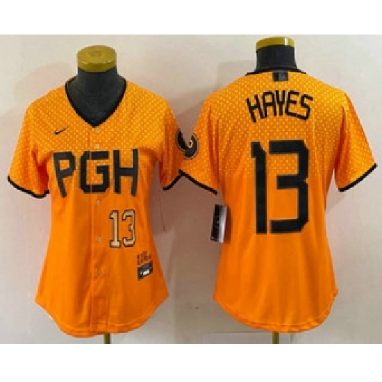 Women's Pittsburgh Pirates 13 KeBryan Hayes Number Yellow 2023 City Connect Stitched Jersey