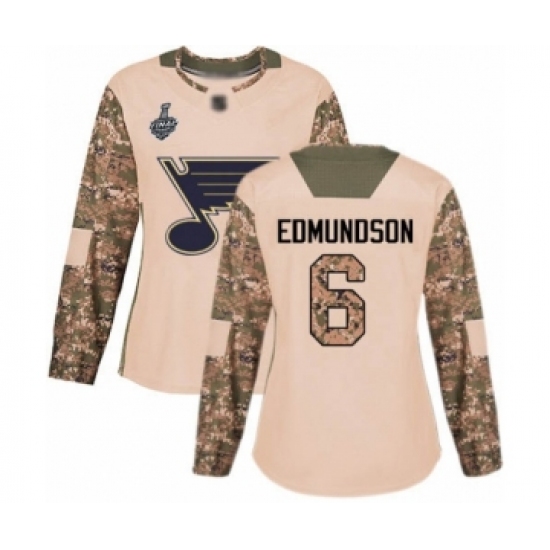 Women's St. Louis Blues 6 Joel Edmundson Authentic Camo Veterans Day Practice 2019 Stanley Cup Final Bound Hockey Jersey