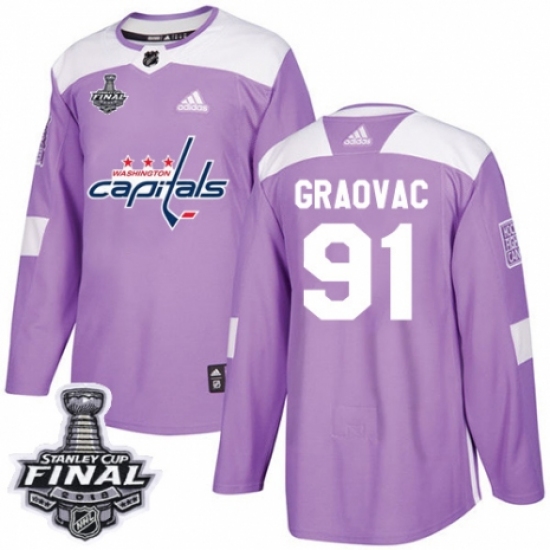 Men's Adidas Washington Capitals 91 Tyler Graovac Authentic Purple Fights Cancer Practice 2018 Stanley Cup Final NHL Jersey