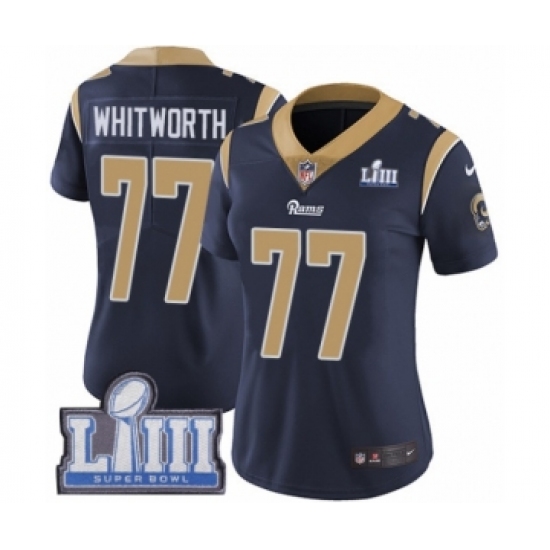 Women's Nike Los Angeles Rams 77 Andrew Whitworth Royal Blue Alternate Vapor Untouchable Limited Player Super Bowl LIII Bound NFL Jersey