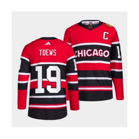 Men's Chicago Blackhawks 19 Jonathan Toews Red Black 2022 Reverse Retro Stitched Jersey