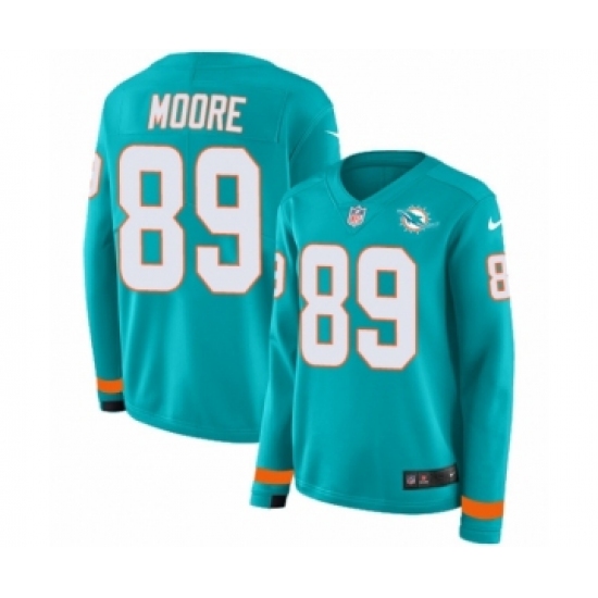 Women's Nike Miami Dolphins 89 Nat Moore Limited Aqua Therma Long Sleeve NFL Jersey