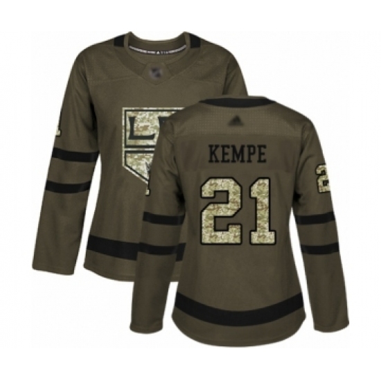 Women's Los Angeles Kings 21 Mario Kempe Authentic Green Salute to Service Hockey Jersey