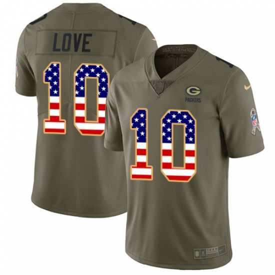 Men's Green Bay Packers 10 Jordan Love Olive USA Flag Stitched NFL Limited 2017 Salute To Service Jersey