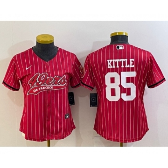 Women's San Francisco 49ers 85 George Kittle Red Pinstripe With Patch Cool Base Stitched Baseball Jersey