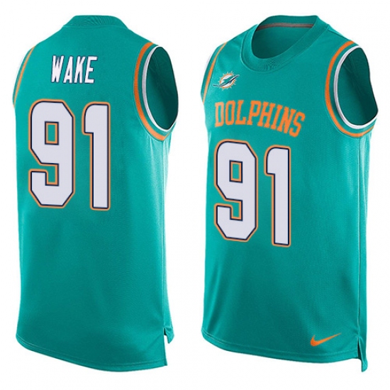Men's Nike Miami Dolphins 91 Cameron Wake Limited Aqua Green Player Name & Number Tank Top NFL Jersey