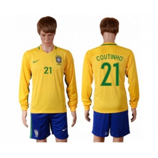 Brazil 21 Coutinho Home Long Sleeves Soccer Country Jersey
