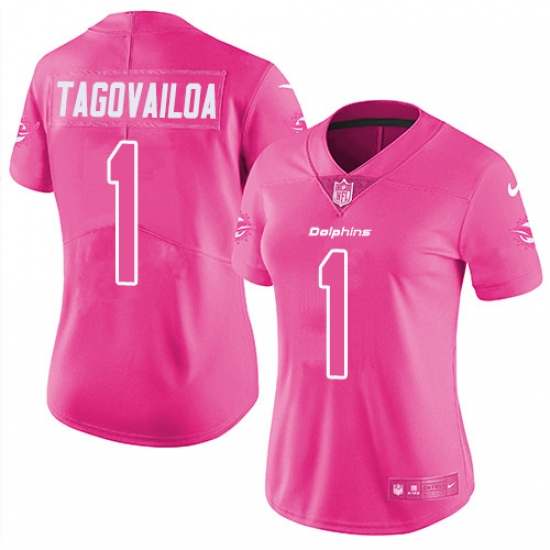 Women's Miami Dolphins 1 Tua Tagovailoa Pink Stitched Limited Rush Fashion Jersey