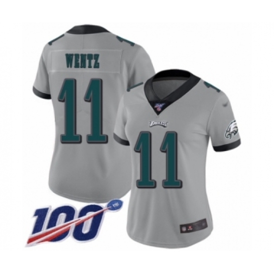 Women's Philadelphia Eagles 11 Carson Wentz Limited Silver Inverted Legend 100th Season Football Jersey
