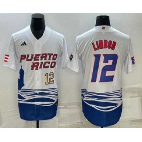 Men's Puerto Rico Baseball 23 Francisco Lindor Number White 2023 World Baseball Classic Stitched Jerseys