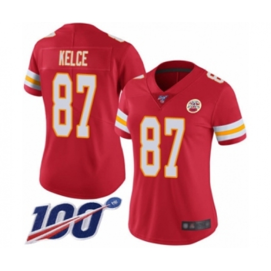 Women's Nike Kansas City Chiefs 87 Travis Kelce Red Team Color Vapor Untouchable Limited Player 100th Season NFL Jersey