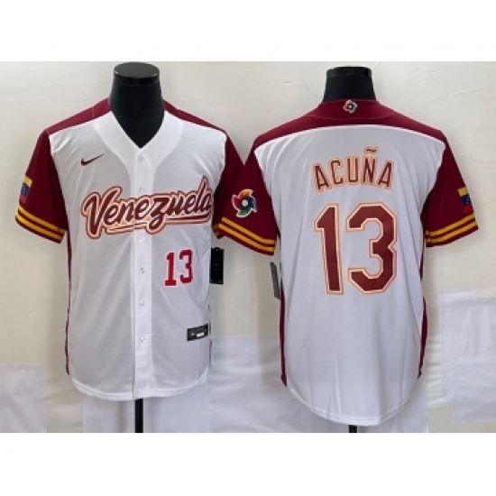 Men's Venezuela Baseball 13 Ronald Acuna Jr Number 2023 White Red World Classic Stitched Jersey