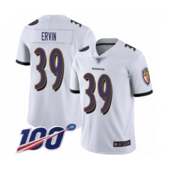 Men's Baltimore Ravens 39 Tyler Ervin White Vapor Untouchable Limited Player 100th Season Football Jersey