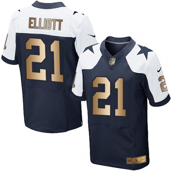 Men's Nike Dallas Cowboys 21 Ezekiel Elliott Elite Navy/Gold Throwback Alternate NFL Jersey