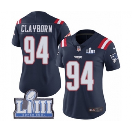 Women's Nike New England Patriots 94 Adrian Clayborn Limited Navy Blue Rush Vapor Untouchable Super Bowl LIII Bound NFL Jersey