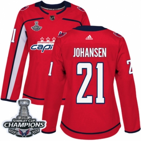 Women's Adidas Washington Capitals 21 Lucas Johansen Authentic Red Home 2018 Stanley Cup Final Champions NHL Jersey