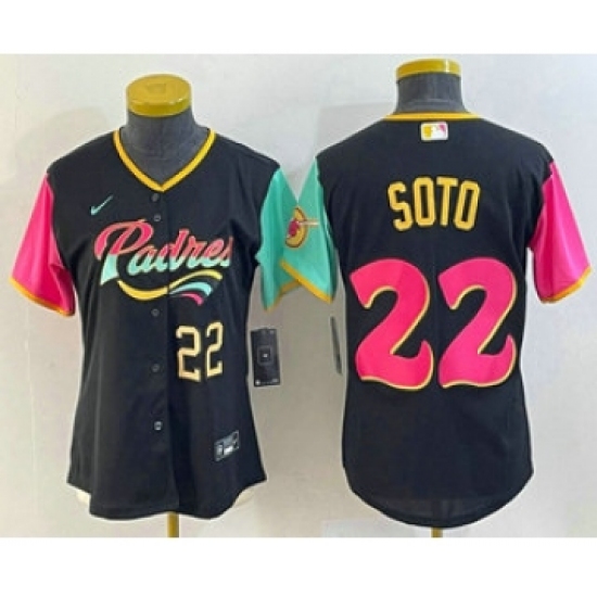 Women's San Diego Padres 22 Juan Soto Number Black 2022 City Connect Cool Base Stitched Jersey1