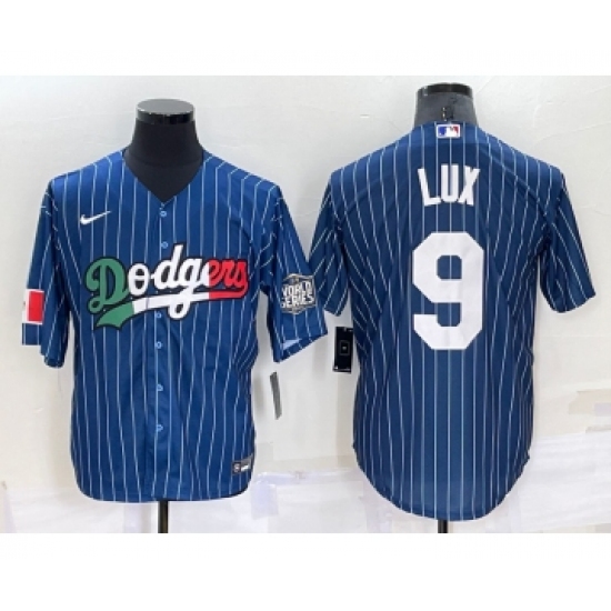 Men's Los Angeles Dodgers 9 Gavin Lux Navy Blue Pinstripe 2020 World Series Cool Base Nike Jersey