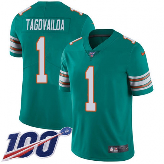 Youth Miami Dolphins 1 Tua Tagovailoa Aqua Green Alternate Stitched 100th Season Vapor Untouchable Limited Jersey