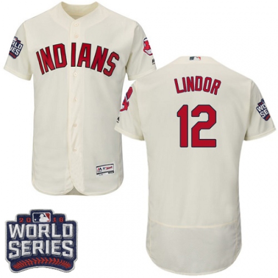 Men's Majestic Cleveland Indians 12 Francisco Lindor Cream 2016 World Series Bound Flexbase Authentic Collection MLB Jersey
