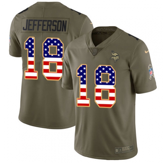 Youth Minnesota Vikings 18 Justin Jefferson Olive USA Flag Stitched NFL Limited 2017 Salute To Service Jersey