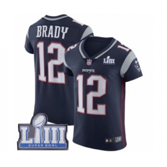 Men's Nike New England Patriots 12 Tom Brady Navy Blue Team Color Vapor Untouchable Elite Player Super Bowl LIII Bound NFL Jersey